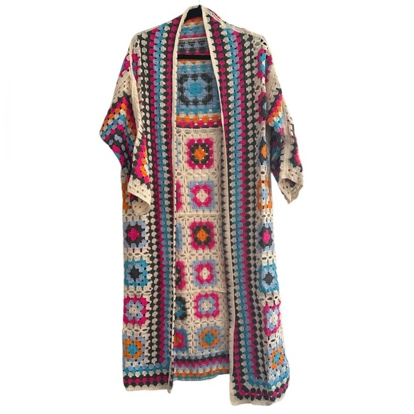 POL Sweaters - POL Crochet Knit One Size Duster Cardigan Open-Front Colorful Granny Square